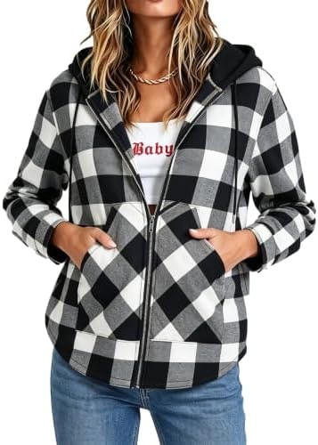 Lepunuo Women's Plaid Shacket Jacket Long Sleeve Full-Zip Fleece Hooded Jackets Warm Coat with Pocket Black White
