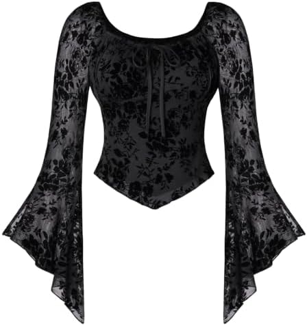 SCARLET DARKNESS Women Bell Long Sleeve Lace Top Gothic Y2K Mesh Shirt