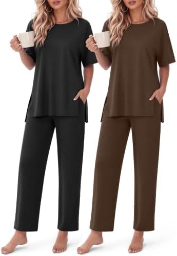 Ekouaer Women's Lounge Sets Short Sleeve Top Long Pants 2 Piece Outfit Set