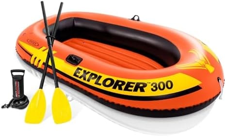INTEX 58332EP Explorer 300 Inflatable Boat Set: Includes Deluxe Boat Oars and Mini Hand Pump – Dual Air Chambers – Grab Rope – 3-Person – 410lb Weight Capacity
