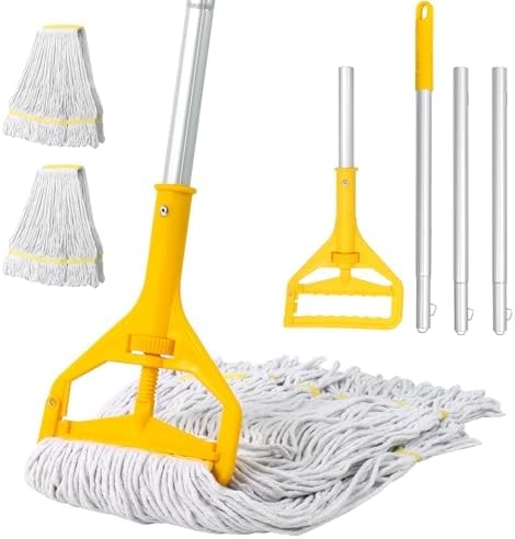Commercial Mop Heavy Duty Industrial Mop- 3 Extra Large Cotton Looped Heads, 61" Aluminum Handle Mops for Concrete/Tile/Garage Floors-Home, Kitchen