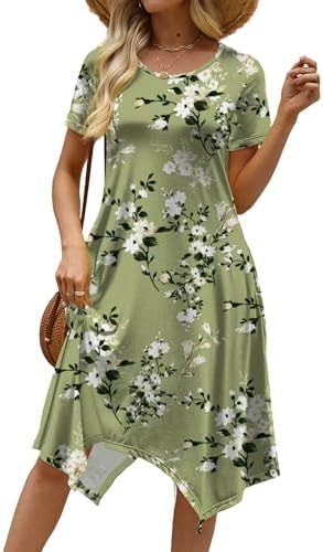 COSSEN Casual Summer Midi Dress for Women Green Print Small 2026 Short Sleeve Crew Neck Flowy Beach Dress with Pockets