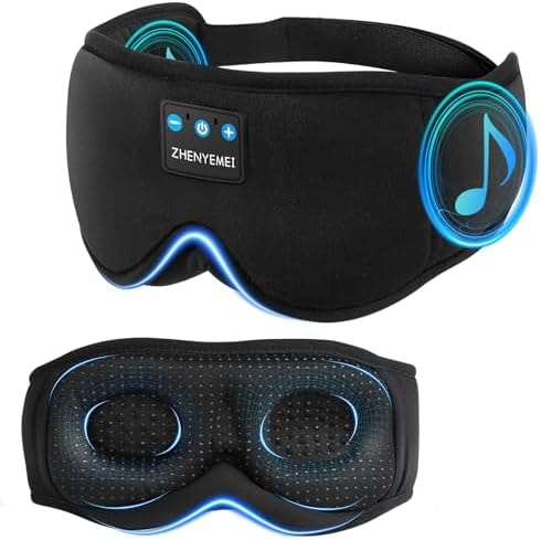 ZHENYEMEI Sleep Mask with Bluetooth Headphones, Sleeping Headphones for Side Sleepers, Wireless Music Eye Mask with Ultra-Thin Stereo Speakers for Men, Women, Tech Gifts, Black