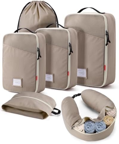 BAGSMART 6 Set Packing Cubes for Travel with Fillable Neck Pillow, Shoe Bag
