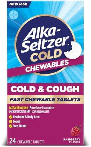 Alka-Seltzer Cold, Cold & Cough Fast Chewable Tablets, Cold & Cough Medicine, Multi-Symptom Relief, Body Aches and Pains, No Water Needed, Raspberry Flavor, 24 Count