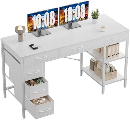 OLIXIS 56 Inch Computer Desk with 6 Fabric Drawers, for Home Office Work