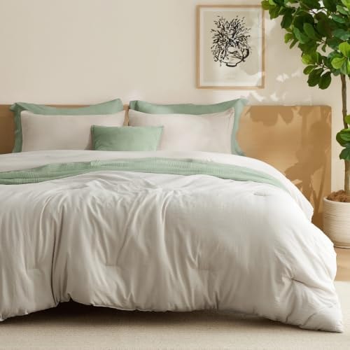 Bedsure Queen Comforter Set Prewashed Soft Bedding Set 3Pcs Beige 90"x90"