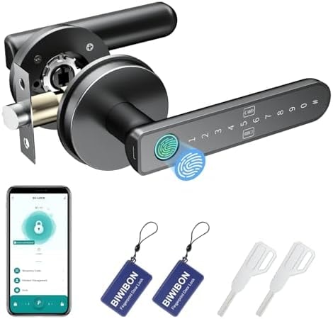 BIWIBON Fingerprint Door Lock – Fingerprint Door Knob with 5 Unlock Options, Anti-Peep Code, Adjustable Auto-Lock, Inside Lock, for Home, Office, Apartment, Bedroom – Black