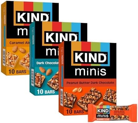 KIND Mini Snack Bars Variety Pack, Gluten Free, Low Sugar, Low Calorie Snacks, Dark Chocolate Nuts & Sea Salt, Peanut Butter Dark Chocolate, Caramel Almond & Sea Salt, 30 Count
