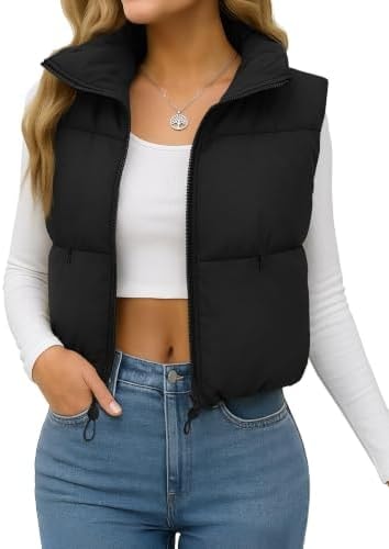 YUCOLEN Women's Crop Puffer Vest Lightweight Padded Jacket Black M