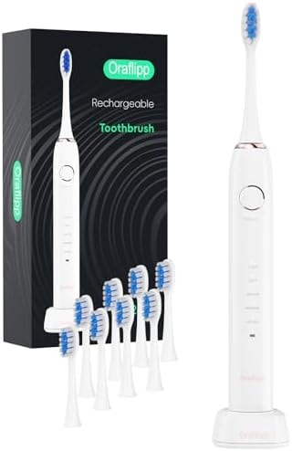 ORAFLIPP Sonic Electric Toothbrush - 40,000 VPM Power Toothbrush with 5 Modes, Smart Timer & Mode Memory, IPX7 Waterproof, 30 Days Battery Life with Inductive Charger, 8 Brush Head (White)