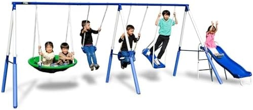TSC Malibu Swing Set for Kids, Outdoor Metal Playset with 5ft Slide, 38" Saucer, Surfboard Swing, Standing & Blow-Molded Swing – Backyard Fun with 500lbs Max Capacity