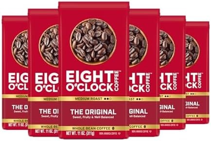 Eight O'Clock Coffee, The Original, Medium Roast Whole Bean Coffee, 11 Ounce, Pack of 6, Sweet, Fruity, Well-Balanced