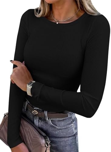 PRETTYGARDEN Women's Fall Long Sleeve Shirts Basic Tees (Black,M)