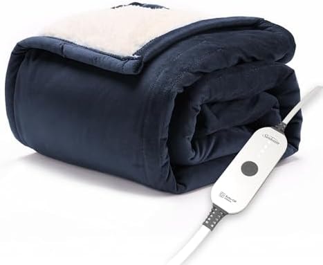 Sunbeam Royal Mink Sherpa Admiral Blue Heated Personal Throw / Blanket, Cozy-Warm, Adjustable Heat Settings