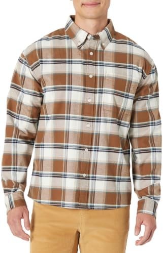 Amazon Essentials Men's Modern Oversized-Fit Cotton Button-Down Oxford Shirt, Brown Mint Country Plaid, Large