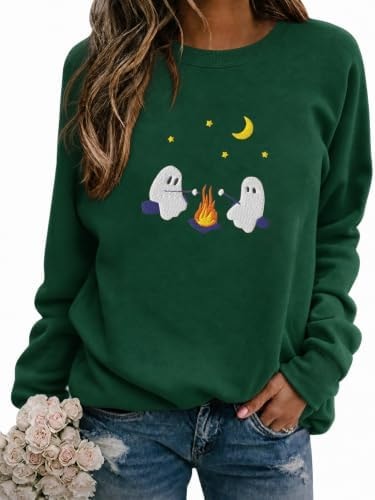 Drsdlm Halloween Ghost Sweatshirt Womens Fun Embroidered Graphic Sweatshirts Cute Spooky Pullover Casual Long Sleeves Shirt Green