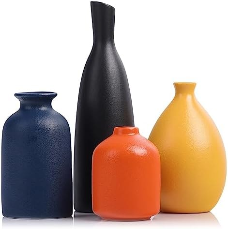 Colorful Ceramic Bud Vases Set of 4 - Modern Yellow, Orange, Blue Small Vases for Home Decor - Ideal for Living Room, Kitchen, Office, Bathroom, Mantle, Entrance, Farmhouse & Coffee Table Decorations