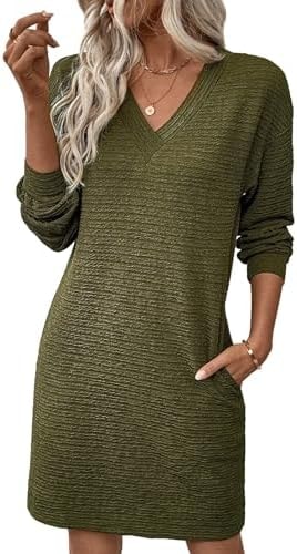 EVALESS Womens Fall Dresses 2026 Long Sleeve V Neck Casual Dress Textured Loose Fit Shift Mini Dress with Pockets Moss Green Medium