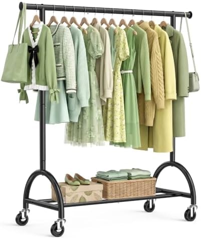 EAGMAK Clothes Rack with Wheels, Single Rod Rolling Clothing Rack, Black
