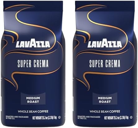 Lavazza Super Crema Whole Bean Coffee, Medium Espresso Roast, Arabica and Robusta Blend, 2.2 lb Bag (Pack of 2)