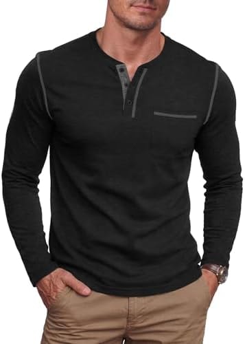 NITAGUT Mens Long Sleeve Henley Shirts Slim Fit Cotton T-Shirt with Pocket