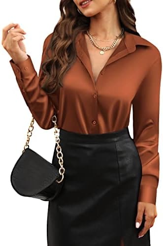 Womens Soft Satin Silk Button Down Shirts for Women Silky Long Sleeve Work Shirt Dress Blouses Tops Coffee Size XS