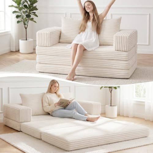 Boneless Loveseat Sofa Bed,Small Couch Bed Futon Sleeper Sofa,Convertible Pull Out Couch with Removable Armrests Backrest,Corduroy Folding Floor Boneless Couch for Living Room,Small Space,Beige