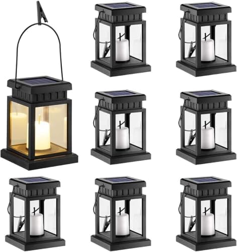 GIGALUMI 8 Pack Solar Hanging Lantern Outdoor, Candle Effect Light
