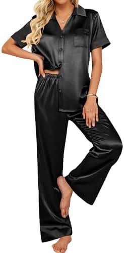 Ekouaer Silk Pajamas for Womens Set 2 Piece Satin Pjs Soft Button Down Sleepwear Wide Leg Long Pants with Pockets Black