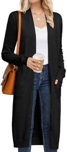 GRACE KARIN Women's 2026 Trendy Long Cardigan Sweaters Lightweight Open Front Long Sleeve Maxi Duster Coats Spring Outfits with Pockets Summer Clothing for Women (Black,S)