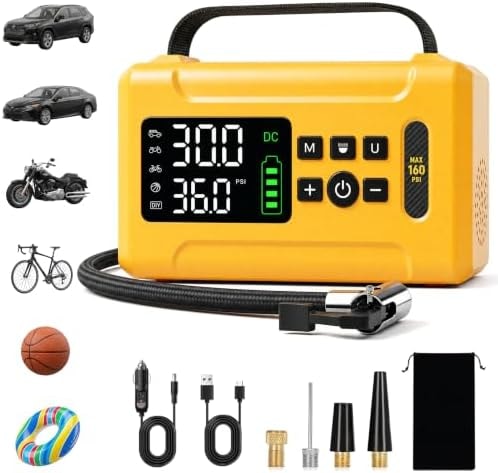 KANWITY Tire Inflator Portable Air Compressor 160 PSI Air Pump for Cars 8000 mAh & 12V DC Dual Powered Fast 30L/min, Digital Tire Pressure Gauge, LED Lights, 5 Modes Presetting, Auto Shut-off