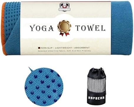 HAPBEAR Non Slip Yoga Mat Towel with Grip Dots, 72" x 24" Hot Yoga Towel - Super Absorbent Microfiber Yoga Towel for Hot Yoga, Bikram, Pilates and Gym Workout - Blue