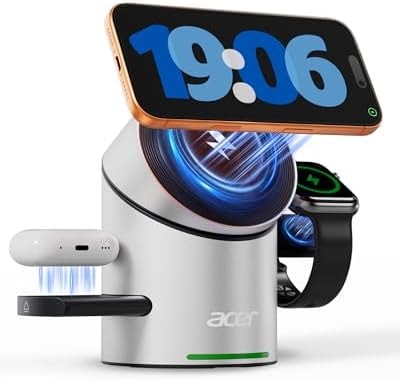 Acer Prime 3 in 1 Charging Station for Apple - Magnetic iPhone Wireless Charging Station, Magsafe Charger Stand for iPhone 17 16 15 14 13 12 - Apple Watch - Airpods Series (Charger & USB-C Included)