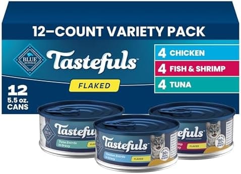 Blue Buffalo Tastefuls Flaked Adult Wet Cat Food Variety Pack (Tuna, Chicken, Fish & Shrimp), Natural Ingredients Enhanced with Vitamins, Minerals & Other Nutrients, 5.5-oz. Each (12 Cans)