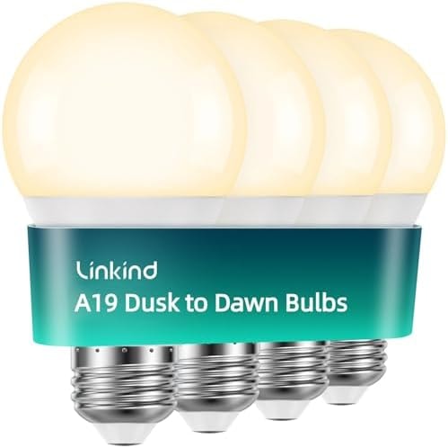 Linkind Dusk to Dawn Light Bulbs Outdoor, A19 Sensor Led Bulbs Automatic On/Off, 9.5W led Light Bulbs, 75 Watt Equivalent, 1200 Lumen, E26 Base, ETL&FCC Listed, 2700K Soft White, 4 Pack