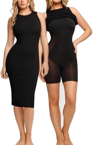 Popilush Women's Bodycon Ruched Shapewear Sleeveless Midi Dresses Black S