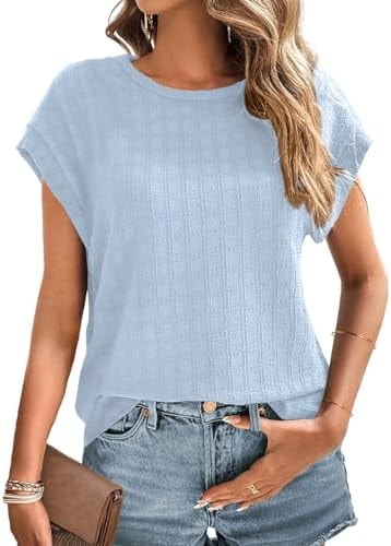 Dokotoo Womens Casual Summer Tops Solid Crewneck Fashion Tshirts Blouse for Women Trendy Short Sleeve Cute Batwing Sleeve T-Shirts Loose Fit Tees 2025 Business Blouses Sky Blue Small