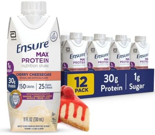 Ensure Max Protein Shake | Cherry Cheesecake | Ready to Drink | 30g Protein for Muscle Health | 1g Sugar, 4g Fiber | 11 fl oz, 12 Pack