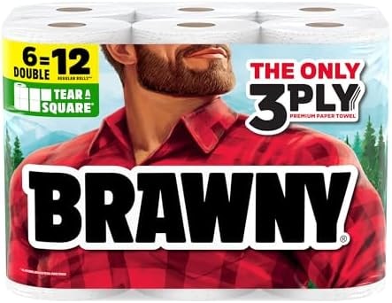 Brawny Tear-A-Square 3-Ply Paper Towels, 6 Double Rolls = 12 Regular Rolls (3 Packs of 2)