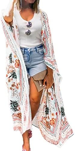 MayBuy Women's Flowy Long Kimono Lightweight Swimsuits Beach Cover Up