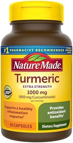Nature Made Extra Strength Turmeric Curcumin with Black Pepper, 1000mg Turmeric Extract per serving (Standardized to 95% Curcuminoids), Supports Healthy Inflammation Response, 60 Vegetarian Capsules