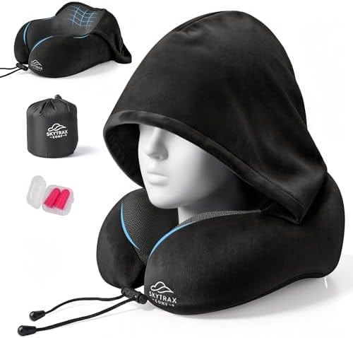 SkytraxComf® Travel Neck Pillow with Hood for Privacy on Long Flights
