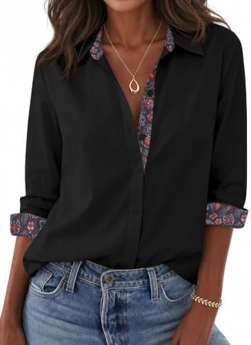 Yousify Womens Cotton Button Down Shirt Long Sleeve Collared Dressy Blouse