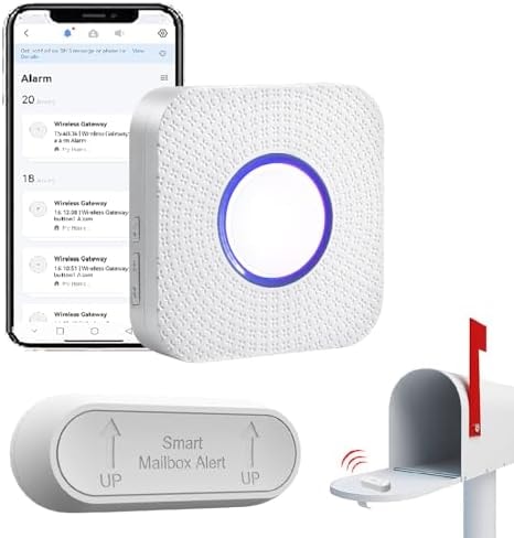 WiFi Mailbox Alert, Tuya Smart Mailbox Chime, 800ft Wireless Mailbox Alarm Outside Weatherproof with LED Light Flashing, Sound and Phone Reminders (only Supports 2.4GHz Wi-Fi)
