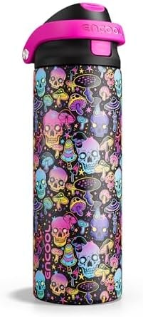 Encool SwiftSip Insulated Stainless Steel Water Bottle with Straw - Leak Proof Sports Water Bottle for School, Travel, Keeps Cold All Day, One-Touch Flip Lid, BPA-Free, 24 oz, Trippy Skulls