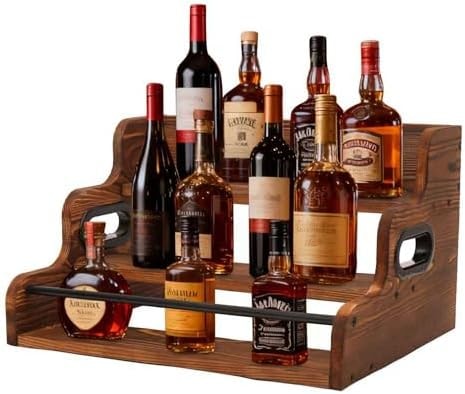 3-Tier Wood Bottle Display Shelf, Countertop Liquor Organizer, Rustic Brown