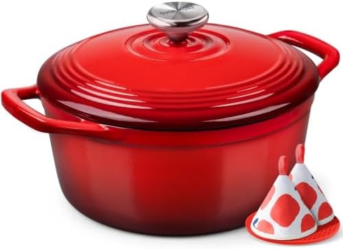 Overmont Enameled Cast Iron Dutch Oven - 5.5QT Pot with Wide Handles Lid Cookbook & Cotton Potholders - Heavy-Duty Pre-Seasoned Cookware Oven Safe to 500°F for Braising, Stews, Roasting, Sourdough Baking