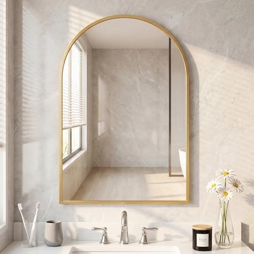 DUMOS 26"x38" Arched Wall Mirror, Bathroom Mirrors for Over Sink, Gold|Tempered Glass & Anti Rust Metal Frame, Decor for Entryway, Living Room, Bedroom, Vanity