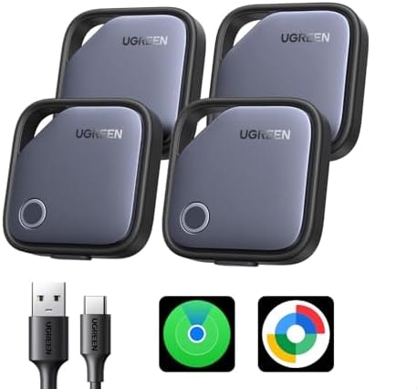 UGREEN Finder Duo (iOS and Android) Air Tracker Tags 4 Pack, Rechargeable Android Tracker Tags Bluetooth Key Finder Compatible with iOS and Android for Keys, Luggage and More